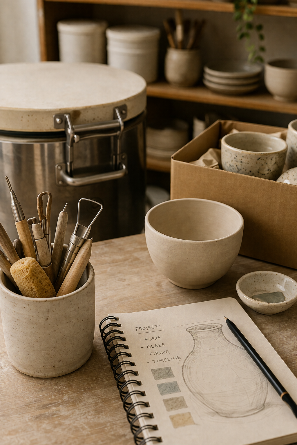 A warm-toned pottery studio workspace featuring ceramic tools, a kiln, finished pottery, and a project sketch laid out on a wooden table.