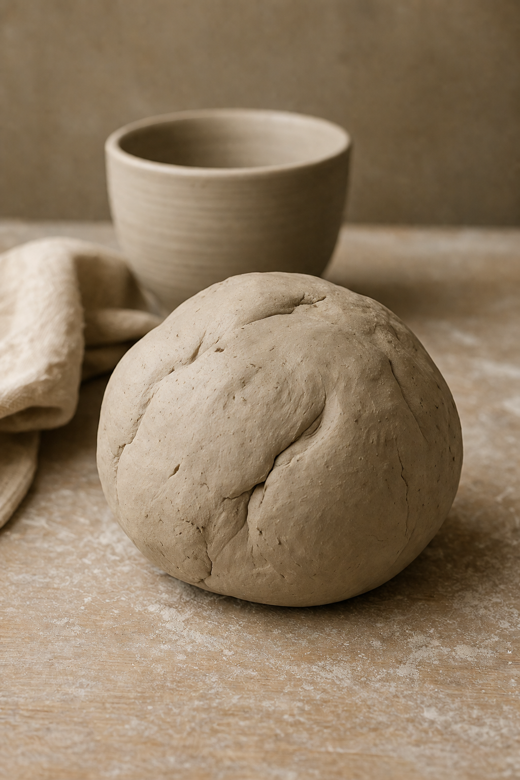 A close-up of a large ball of natural clay resting on a warm-toned pottery worktable with a handmade ceramic bowl in the background.
