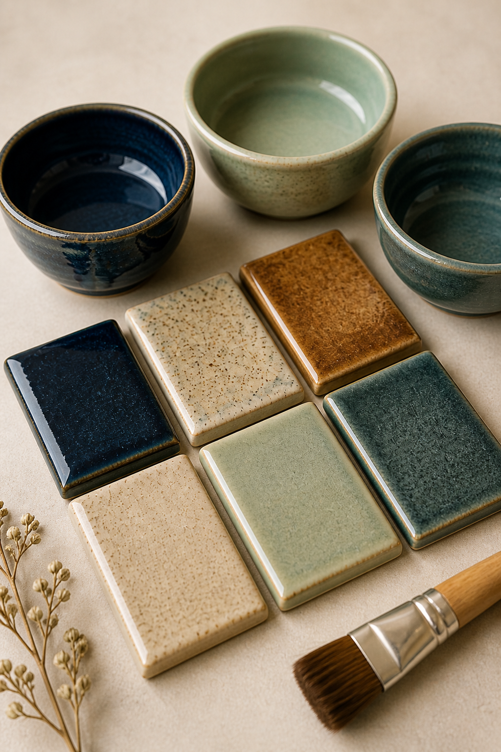 A warm-toned ceramic glaze display featuring small glazed bowls and rectangular glaze sample tiles arranged on a neutral tabletop.