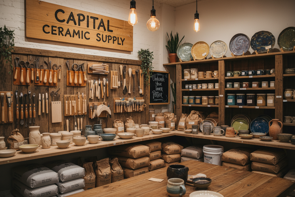 Popular pottery supplies and handmade ceramics displayed in a warm creative studio environment featuring clay, glazes, tools, and finished ceramic pieces.