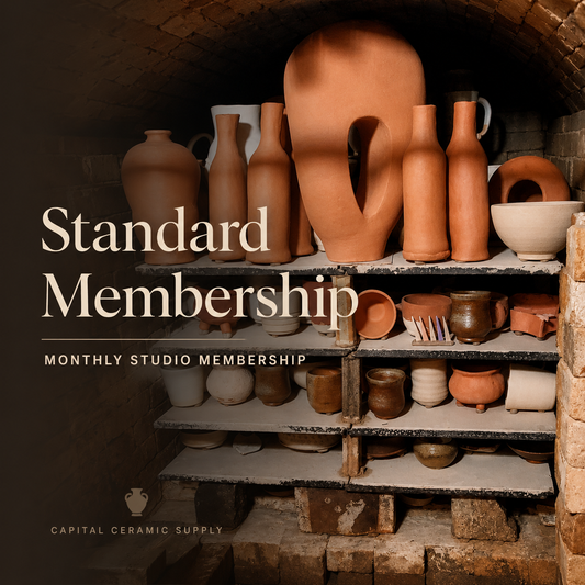 Terracotta pottery on shelves inside a kiln with 'Standard Membership' text overlay.