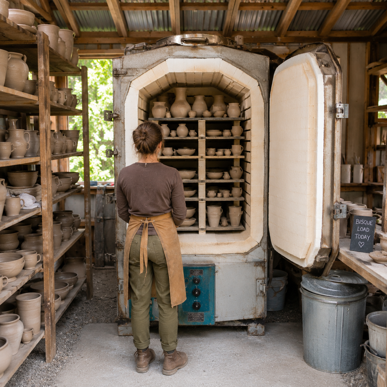 Electric ceramic kiln loaded with handmade pottery inside a bright rustic studio workshop with shelves of unfired ceramics and warm natural lighting.