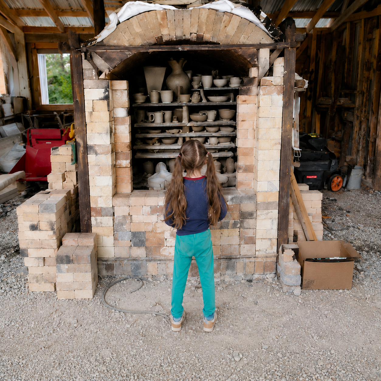 Rustic wood-fired pottery kiln filled with handmade ceramics inside a warm artisan workshop, with a child standing in front of the kiln in a cozy community pottery studio setting.