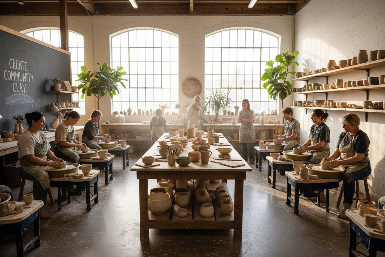 Ceramic artists working in a bright pottery studio with wheels, worktables, and clay tools.