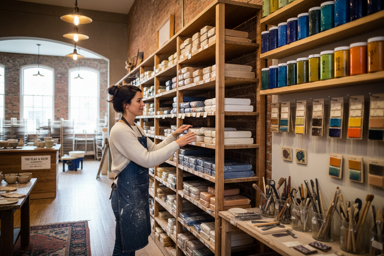 Ceramic artist browsing clay, glazes, and pottery supplies inside a ceramic supply store.