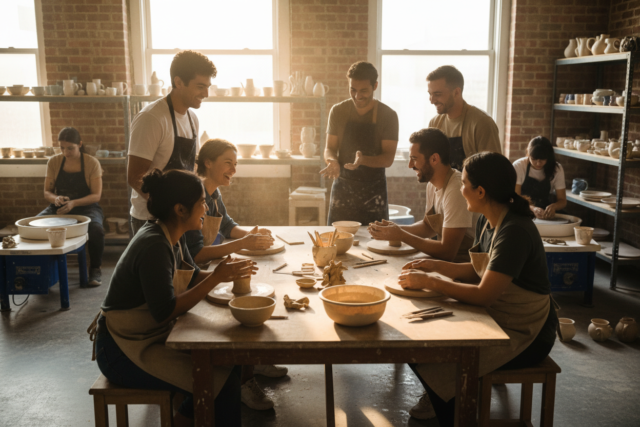 Group of ceramic artists learning and creating together in a community pottery studio.