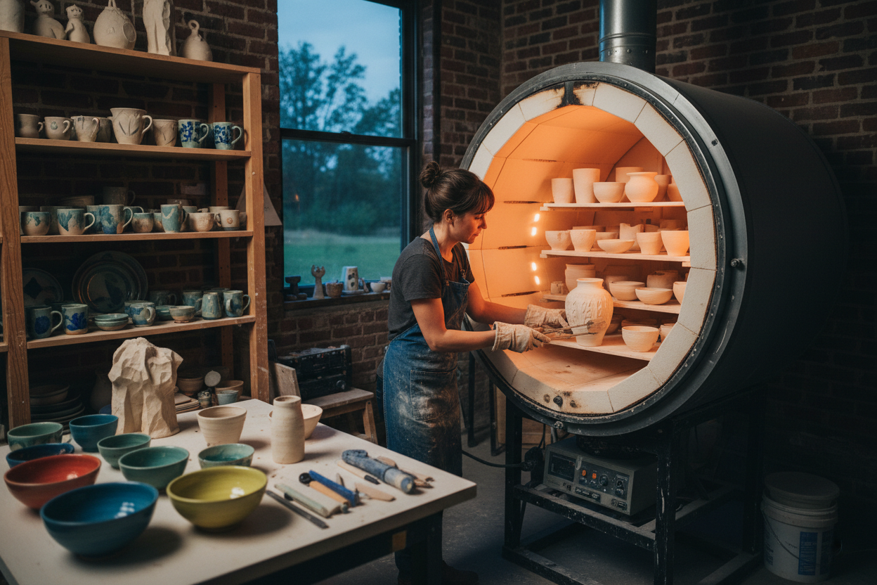 Ceramic artist loading pottery into an electric kiln inside a professional pottery studio.