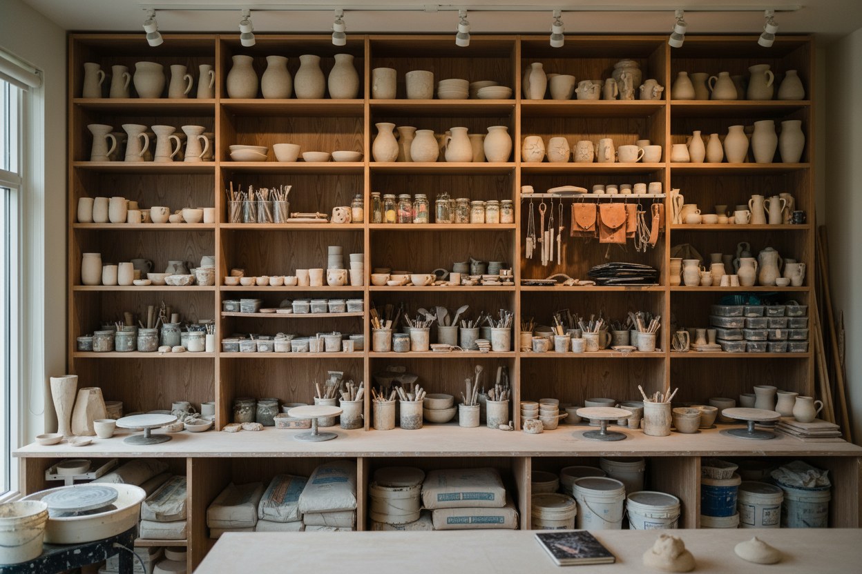 Pottery studio shelves holding works in progress, ceramic tools, and member projects.