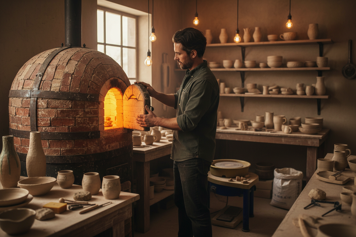Artisan potter inspecting a rustic ceramic kiln in a cozy pottery workshop with warm lighting and handmade pottery surroundings.