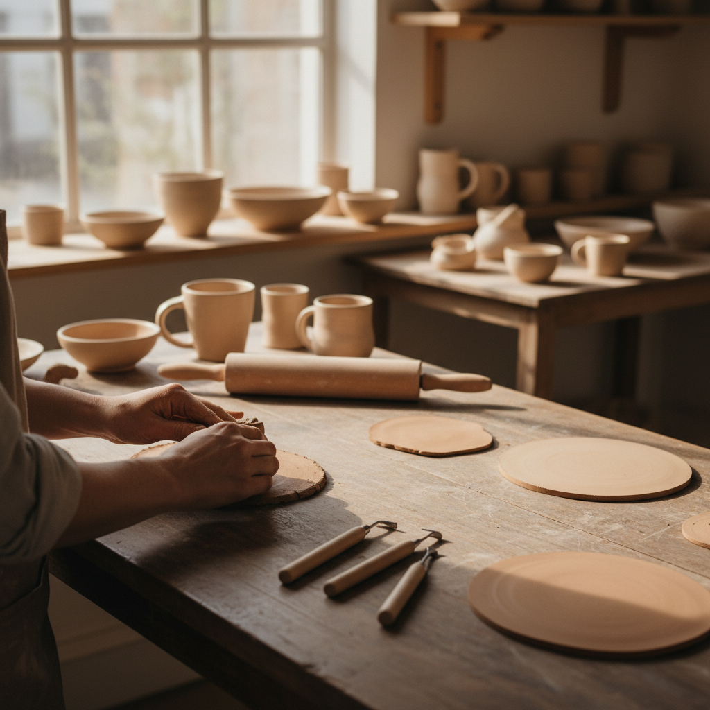 Hands shaping clay at a pottery studio worktable with handbuilding tools and unfinished ceramic pieces.