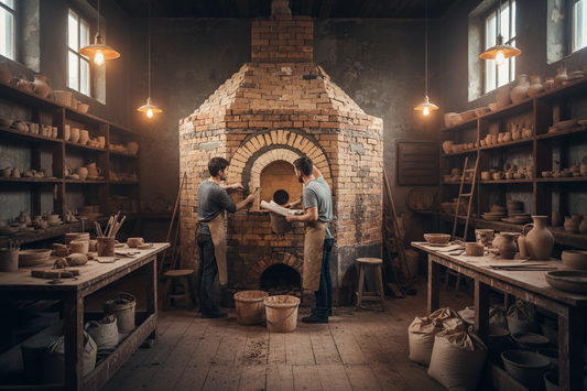 Rustic ceramic kiln repair scene inside a warm artisan pottery studio with earthy textures, pottery tools, and handcrafted ceramic atmosphere.